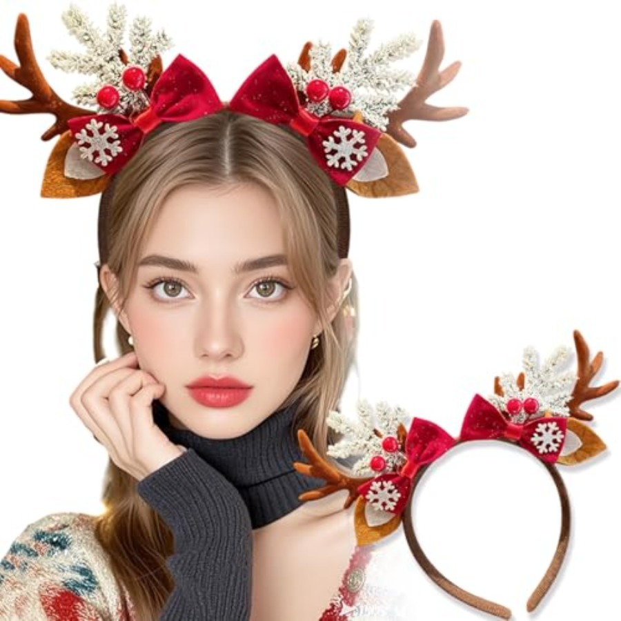 Reindeer Antlers Headband - 여성용 귀여운 크리스마스 헤어밴드, 순록 뿔