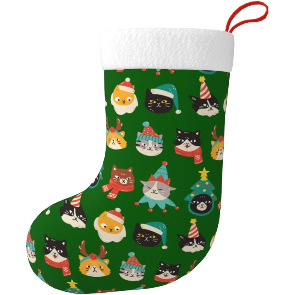 Christmas Stocking Hanging - 귀여운 고양이 녹색 크리스마스 스타킹 벽난로